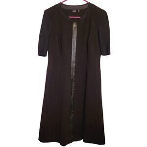 Elie Tahari black faux leather trim zip front short sleeved midi dress Size 6